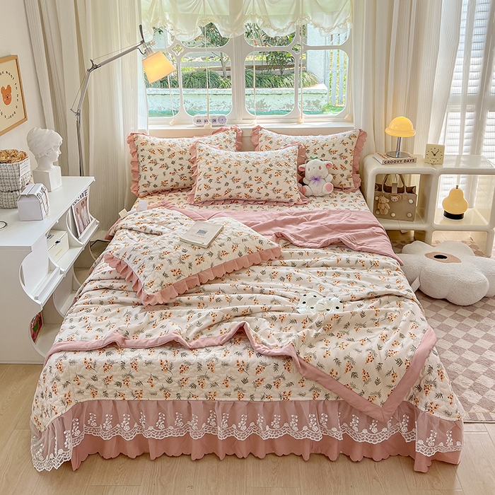 金梦家居 2025新款印花小竹棉花边夹棉床盖夏被四件套 秋恋