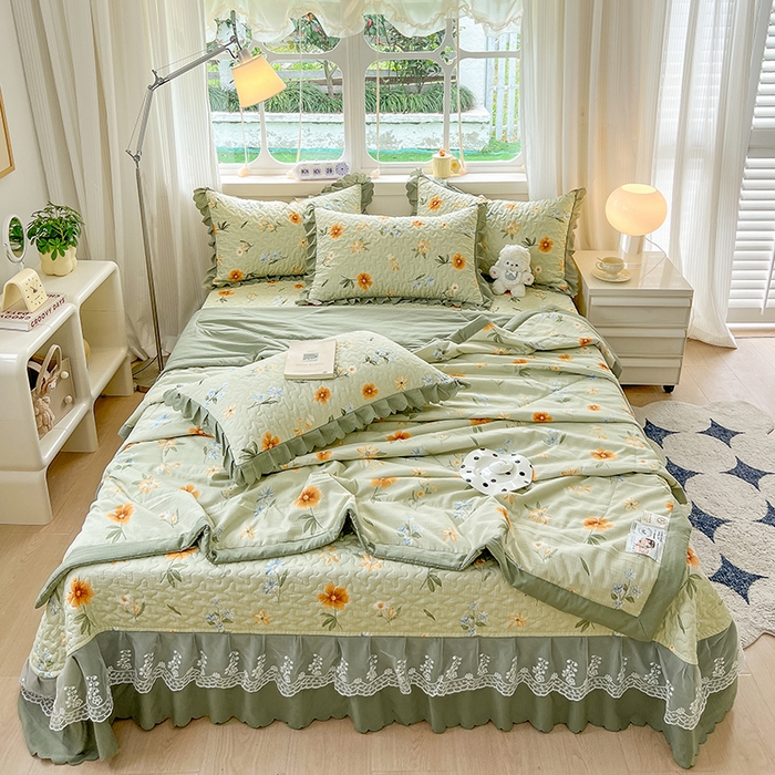 91家纺网 家纺一手货源 找家纺 金梦家居 2025新款印花小竹棉花边夹棉床盖夏被四件套 花镜