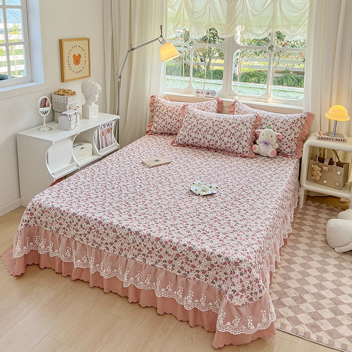 91家纺网 家纺一手货源 找家纺 金梦家居 2025新款印花小竹棉花边夹棉床盖夏被四件套 温婉