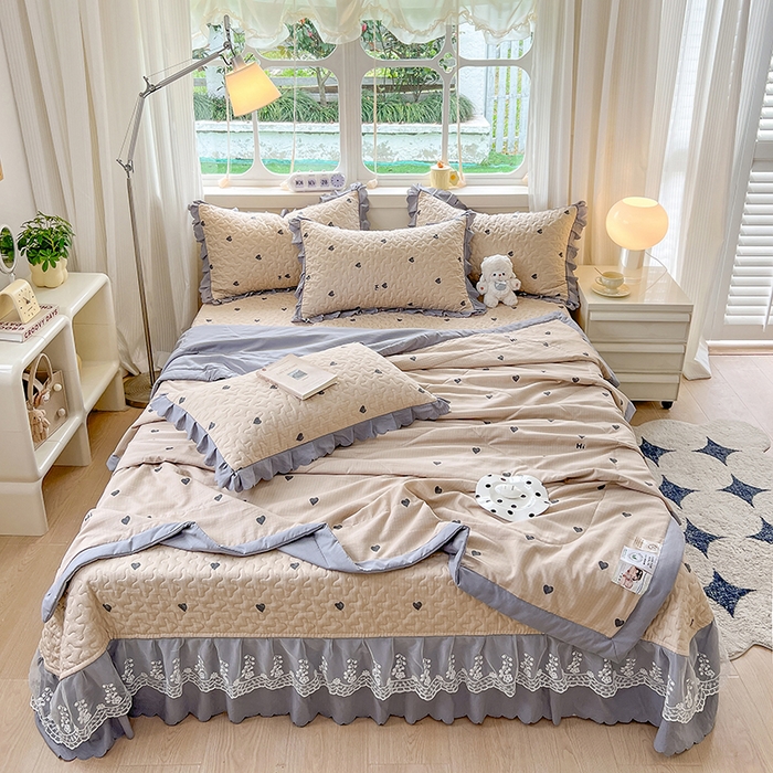 金梦家居 2025新款印花小竹棉花边夹棉床盖夏被四件套 甜心