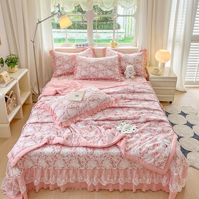 金梦家居 2025新款印花小竹棉花边夹棉床盖夏被四件套 花影兔