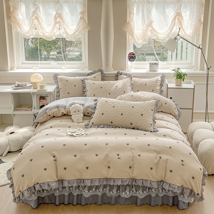 金梦家居 2025新款印花小竹棉花边夹棉床盖被套四件套 甜心
