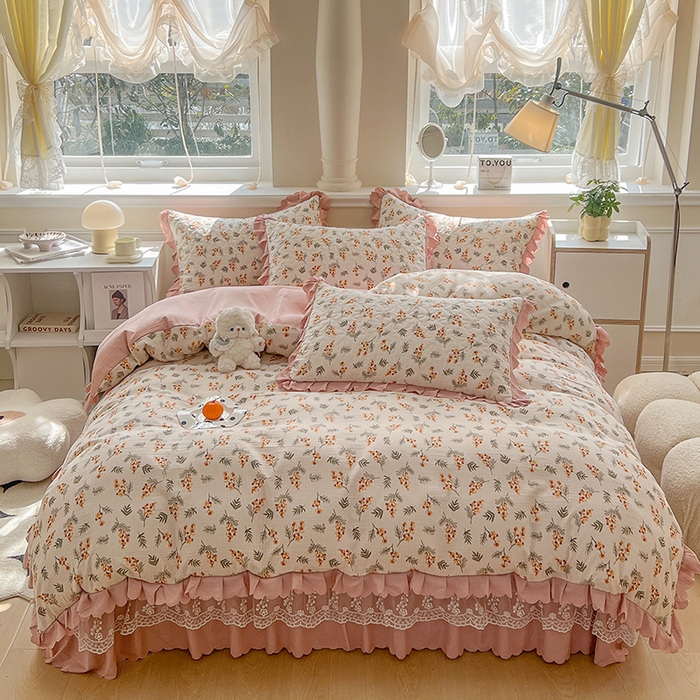 金梦家居 2025新款印花小竹棉花边夹棉床盖被套四件套 秋恋