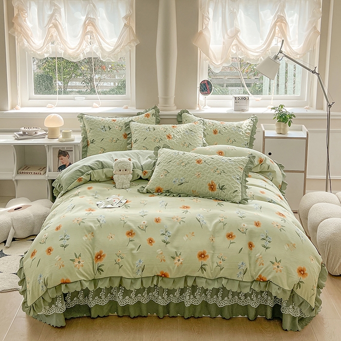 91家纺网 家纺一手货源 找家纺 （总）金梦家居 2025新款印花小竹棉花边夹棉床盖被套四件套