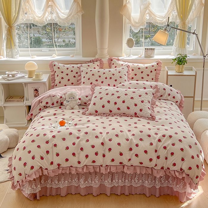 金梦家居 2025新款印花小竹棉花边夹棉床盖被套四件套 真爱