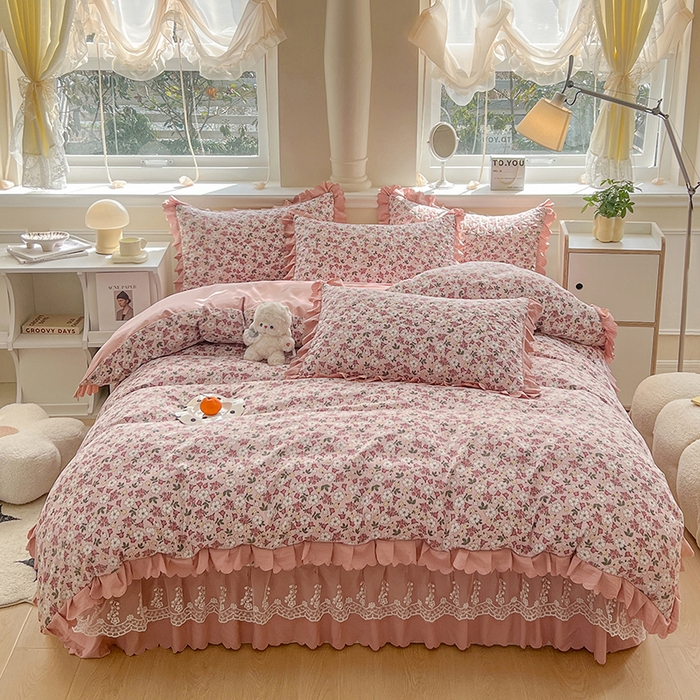 91家纺网 家纺一手货源 找家纺 金梦家居 2025新款印花小竹棉花边夹棉床盖被套四件套 温婉