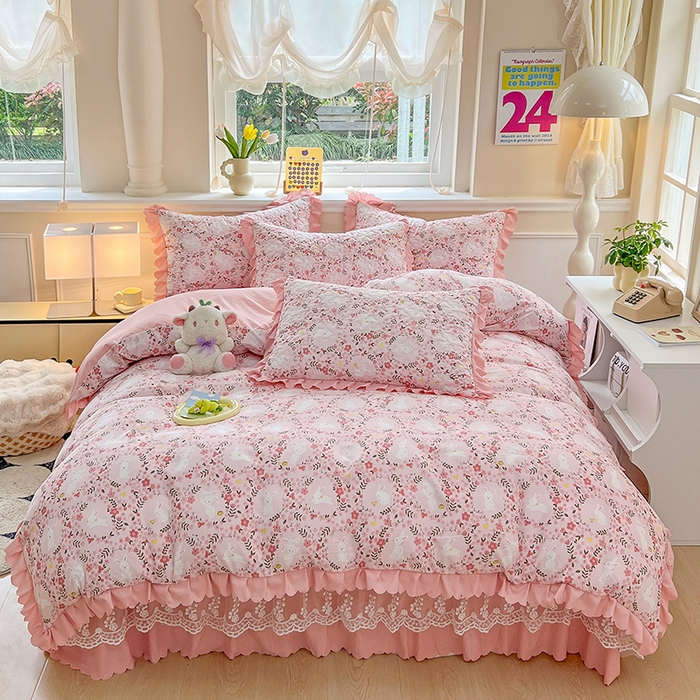 91家纺网 家纺一手货源 找家纺 （总）金梦家居 2025新款印花小竹棉花边夹棉床盖被套四件套