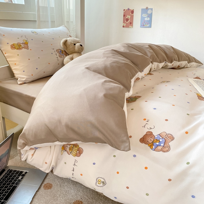 91家纺网 家纺一手货源 找家纺 芷凡家纺 2025新款水洗棉双层纱学生三件套宿舍上下铺三件套 点点熊