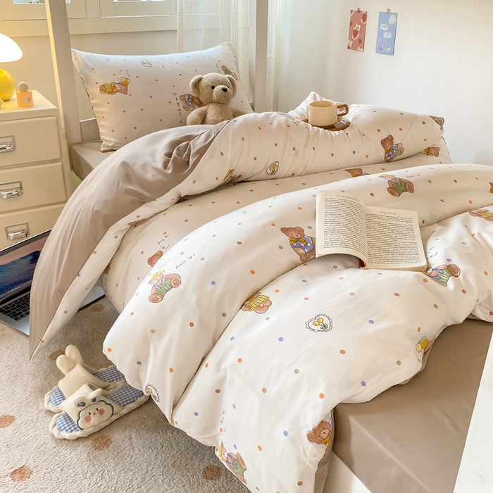 91家纺网 家纺一手货源 找家纺 芷凡家纺 2025新款水洗棉双层纱学生三件套宿舍上下铺三件套 点点熊