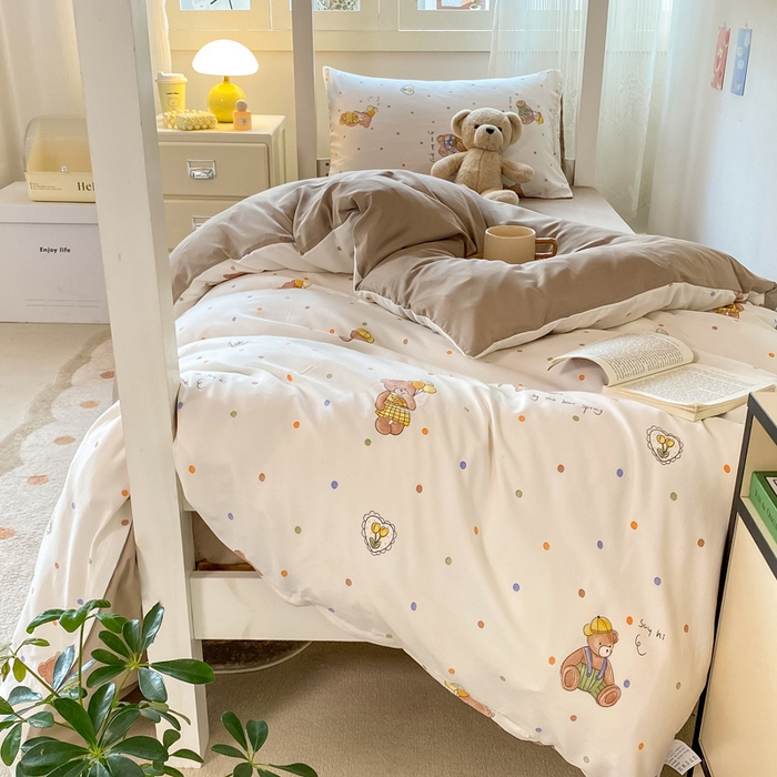 91家纺网 家纺一手货源 找家纺 芷凡家纺 2025新款水洗棉双层纱学生三件套宿舍上下铺三件套 点点熊