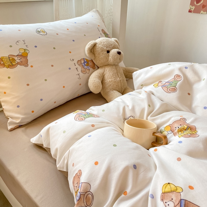 91家纺网 家纺一手货源 找家纺 芷凡家纺 2025新款水洗棉双层纱学生三件套宿舍上下铺三件套 点点熊