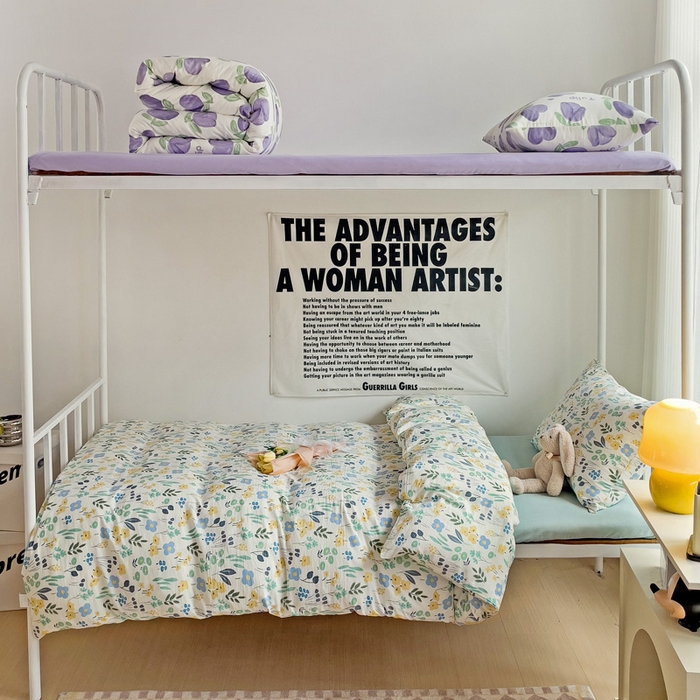 91家纺网 家纺一手货源 找家纺 芷凡家纺 2025新款水洗棉双层纱学生三件套宿舍上下铺三件套 海岛清茶