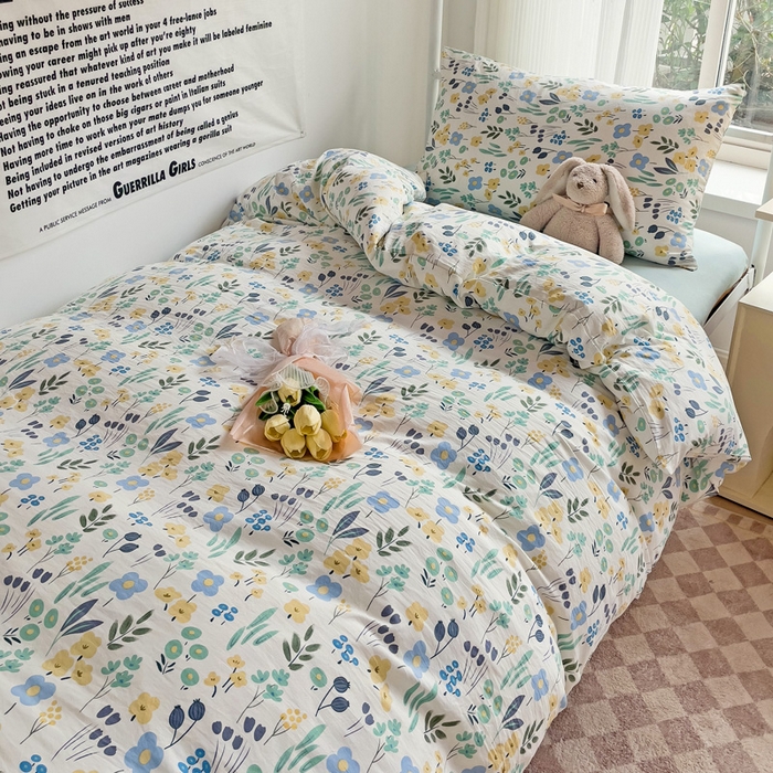 91家纺网 家纺一手货源 找家纺 芷凡家纺 2025新款水洗棉双层纱学生三件套宿舍上下铺三件套 海岛清茶