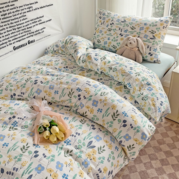 91家纺网 家纺一手货源 找家纺 芷凡家纺 2025新款水洗棉双层纱学生三件套宿舍上下铺三件套 海岛清茶