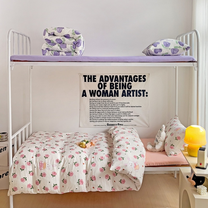 91家纺网 家纺一手货源 找家纺 芷凡家纺 2025新款水洗棉双层纱学生三件套宿舍上下铺三件套 曼塔玫瑰