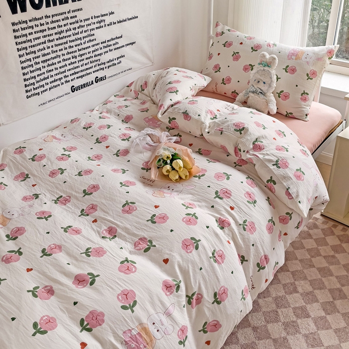 91家纺网 家纺一手货源 找家纺 芷凡家纺 2025新款水洗棉双层纱学生三件套宿舍上下铺三件套 曼塔玫瑰