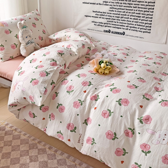 91家纺网 家纺一手货源 找家纺 芷凡家纺 2025新款水洗棉双层纱学生三件套宿舍上下铺三件套 曼塔玫瑰