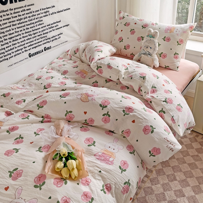 91家纺网 家纺一手货源 找家纺 芷凡家纺 2025新款水洗棉双层纱学生三件套宿舍上下铺三件套 曼塔玫瑰