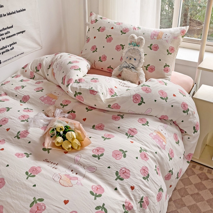 91家纺网 家纺一手货源 找家纺 芷凡家纺 2025新款水洗棉双层纱学生三件套宿舍上下铺三件套 曼塔玫瑰