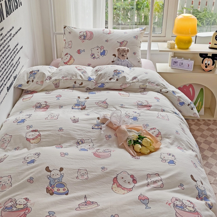 91家纺网 家纺一手货源 找家纺 芷凡家纺 2025新款水洗棉双层纱学生三件套宿舍上下铺三件套 奶猫