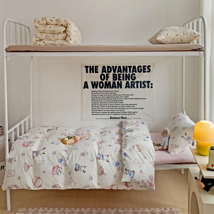 91家纺网 家纺一手货源 找家纺 芷凡家纺 2025新款水洗棉双层纱学生三件套宿舍上下铺三件套 奶猫