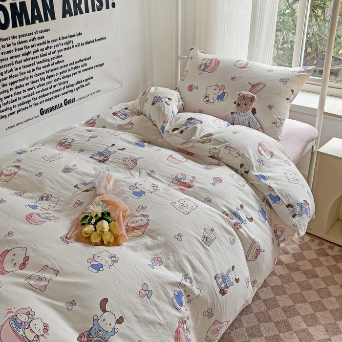 91家纺网 家纺一手货源 找家纺 芷凡家纺 2025新款水洗棉双层纱学生三件套宿舍上下铺三件套 奶猫