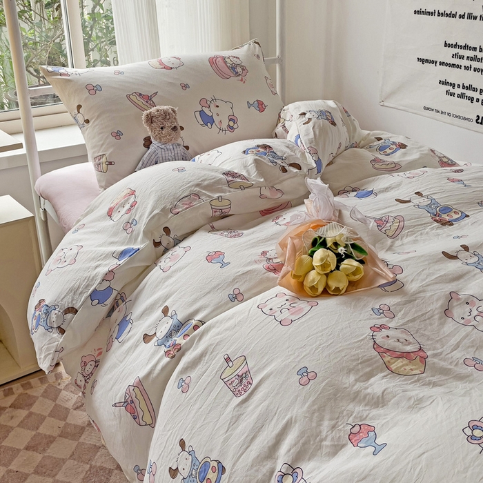 91家纺网 家纺一手货源 找家纺 芷凡家纺 2025新款水洗棉双层纱学生三件套宿舍上下铺三件套 奶猫