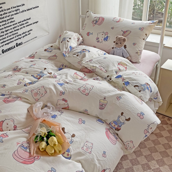 91家纺网 家纺一手货源 找家纺 芷凡家纺 2025新款水洗棉双层纱学生三件套宿舍上下铺三件套 奶猫