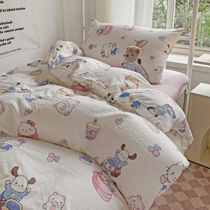 91家纺网 家纺一手货源 找家纺 芷凡家纺 2025新款水洗棉双层纱学生三件套宿舍上下铺三件套 奶猫