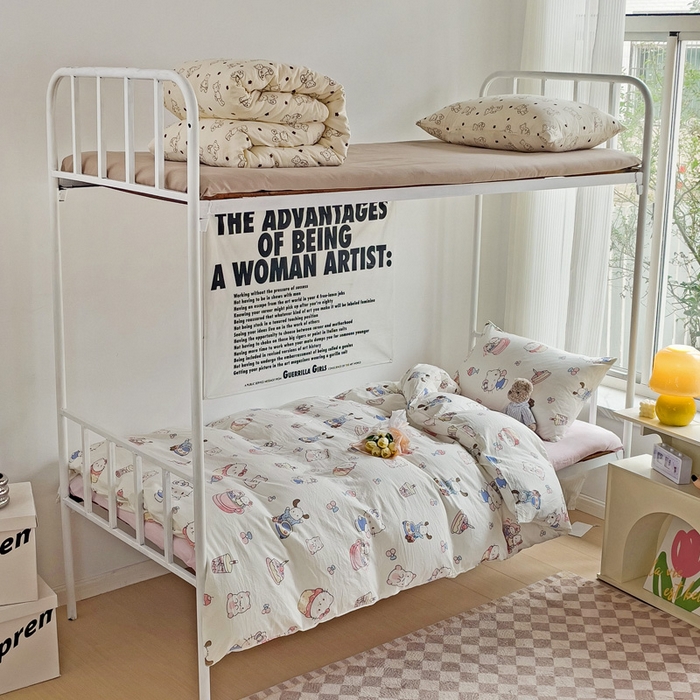 91家纺网 家纺一手货源 找家纺 芷凡家纺 2025新款水洗棉双层纱学生三件套宿舍上下铺三件套 奶猫