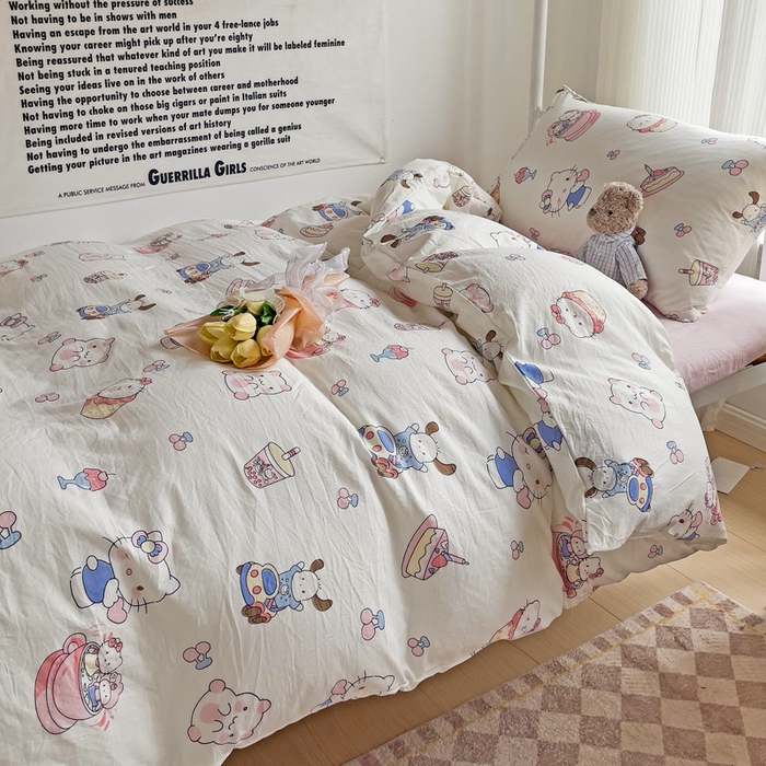 91家纺网 家纺一手货源 找家纺 芷凡家纺 2025新款水洗棉双层纱学生三件套宿舍上下铺三件套 奶猫