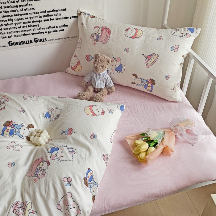 91家纺网 家纺一手货源 找家纺 芷凡家纺 2025新款水洗棉双层纱学生三件套宿舍上下铺三件套 奶猫