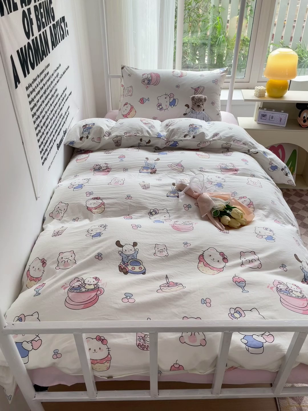 91家纺网 家纺一手货源 找家纺 芷凡家纺 2025新款水洗棉双层纱学生三件套宿舍上下铺三件套 奶猫