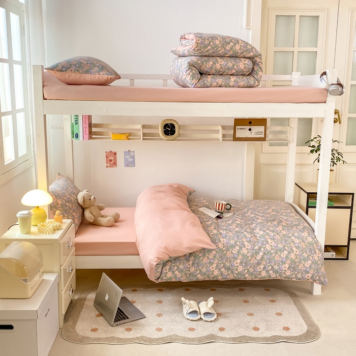 91家纺网 家纺一手货源 找家纺 芷凡家纺 2025新款水洗棉双层纱学生三件套宿舍上下铺三件套 甜心芭乐