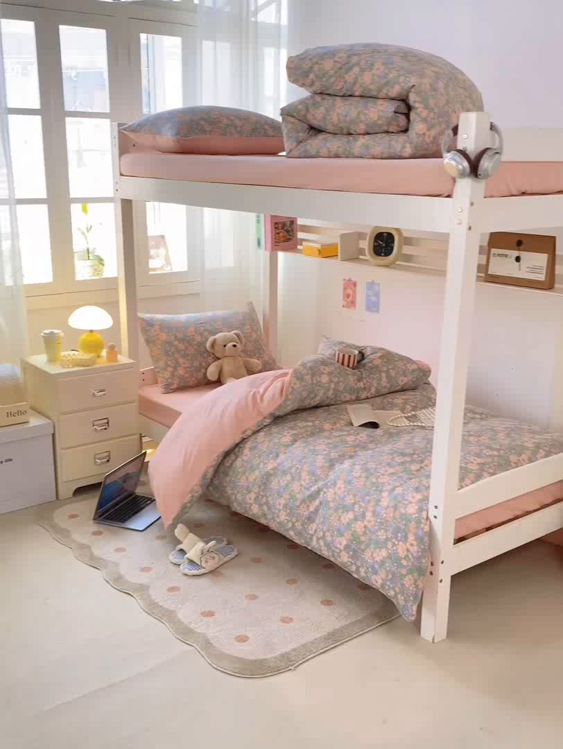 91家纺网 家纺一手货源 找家纺 芷凡家纺 2025新款水洗棉双层纱学生三件套宿舍上下铺三件套 甜心芭乐