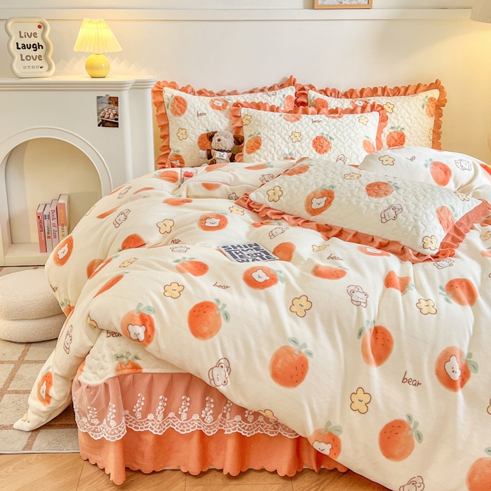 91家纺网 家纺一手货源 找家纺 金梦家居 2025新款高克重牛奶绒印花床盖四件套 心想事成