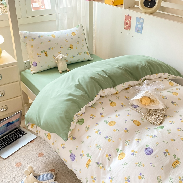 91家纺网 家纺一手货源 找家纺 芷凡家纺 2025新款水洗棉双层纱学生三件套宿舍上下铺三件套 小南瓜