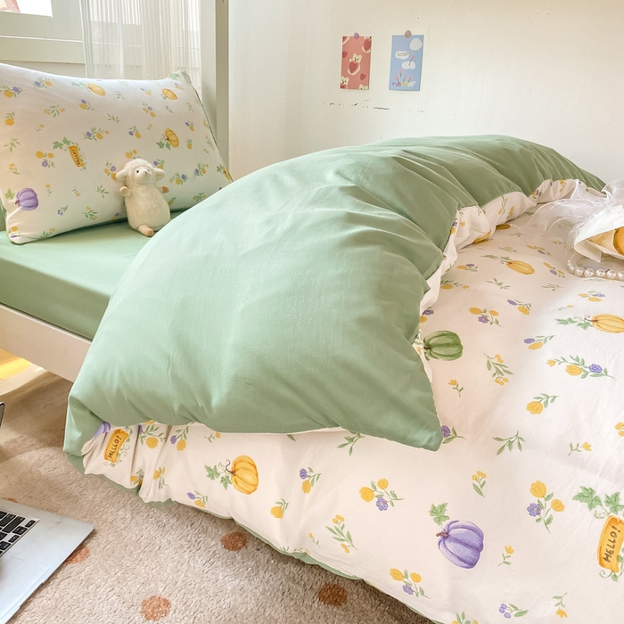 91家纺网 家纺一手货源 找家纺 芷凡家纺 2025新款水洗棉双层纱学生三件套宿舍上下铺三件套 小南瓜