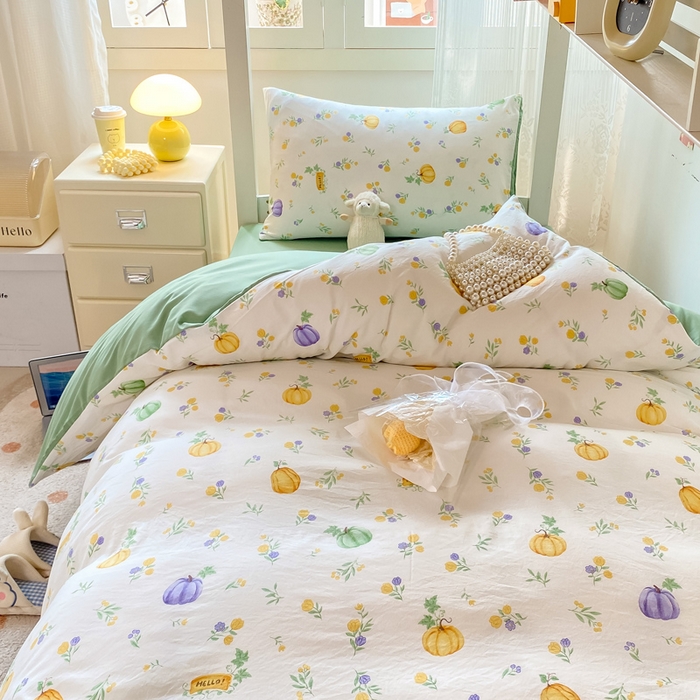 91家纺网 家纺一手货源 找家纺 芷凡家纺 2025新款水洗棉双层纱学生三件套宿舍上下铺三件套 小南瓜