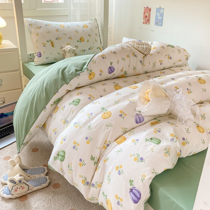 91家纺网 家纺一手货源 找家纺 芷凡家纺 2025新款水洗棉双层纱学生三件套宿舍上下铺三件套 小南瓜