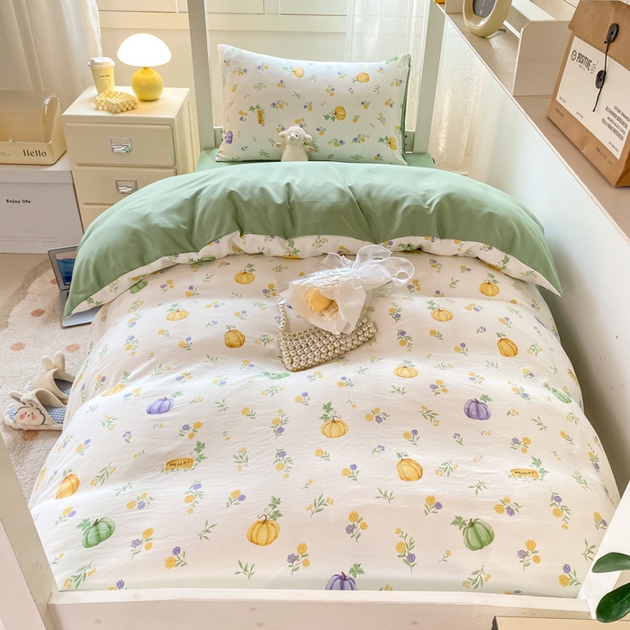 91家纺网 家纺一手货源 找家纺 芷凡家纺 2025新款水洗棉双层纱学生三件套宿舍上下铺三件套 小南瓜