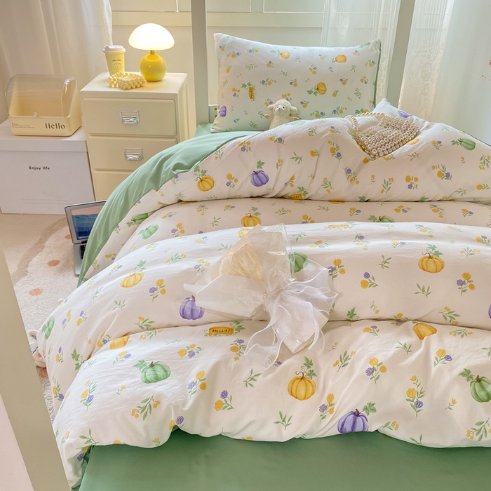 91家纺网 家纺一手货源 找家纺 芷凡家纺 2025新款水洗棉双层纱学生三件套宿舍上下铺三件套 小南瓜