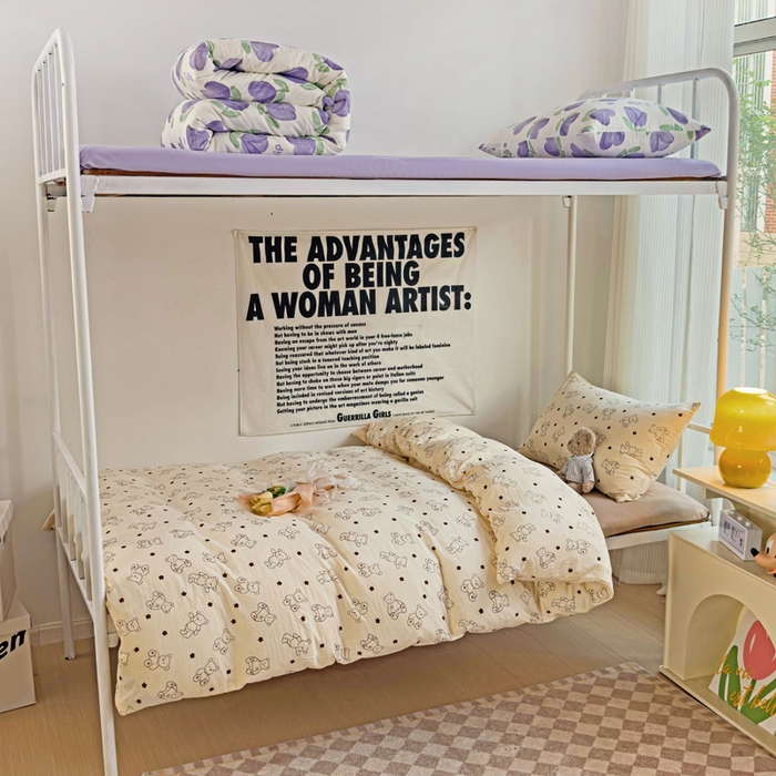 91家纺网 家纺一手货源 找家纺 芷凡家纺 2025新款水洗棉双层纱学生三件套宿舍上下铺三件套 小熊院长