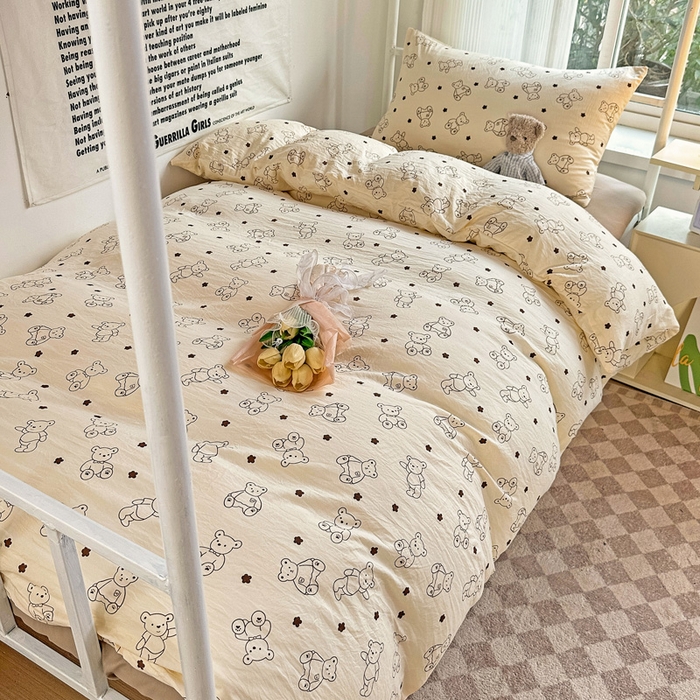 91家纺网 家纺一手货源 找家纺 芷凡家纺 2025新款水洗棉双层纱学生三件套宿舍上下铺三件套 小熊院长