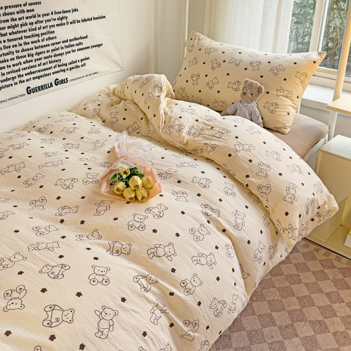 91家纺网 家纺一手货源 找家纺 芷凡家纺 2025新款水洗棉双层纱学生三件套宿舍上下铺三件套 小熊院长