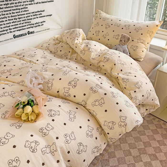 91家纺网 家纺一手货源 找家纺 芷凡家纺 2025新款水洗棉双层纱学生三件套宿舍上下铺三件套 小熊院长