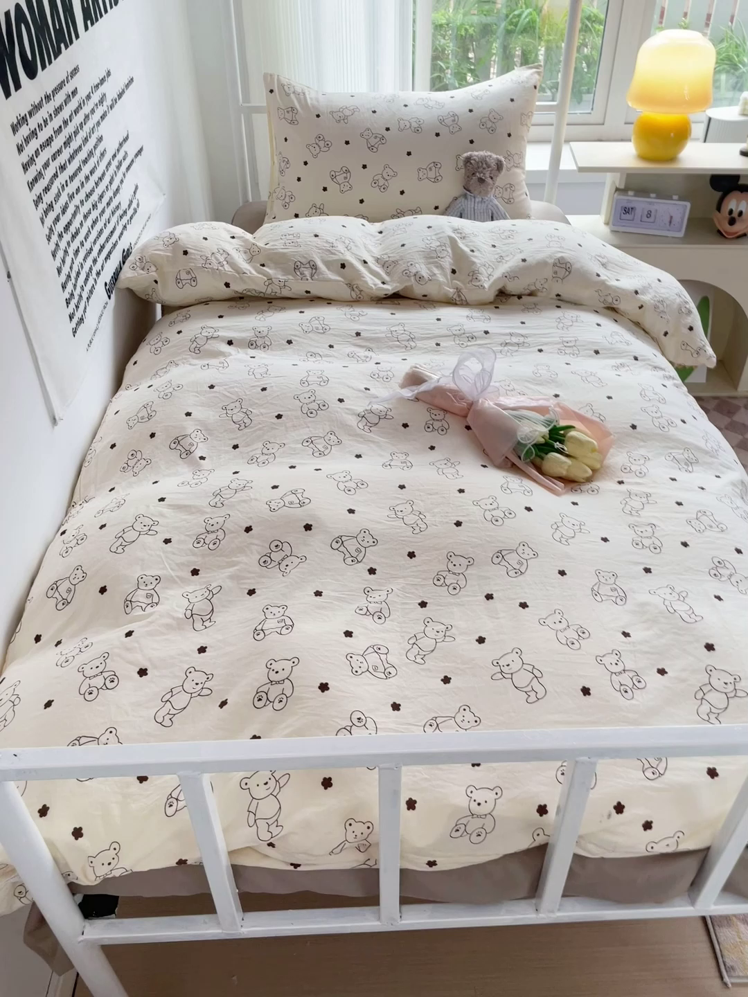 91家纺网 家纺一手货源 找家纺 芷凡家纺 2025新款水洗棉双层纱学生三件套宿舍上下铺三件套 小熊院长