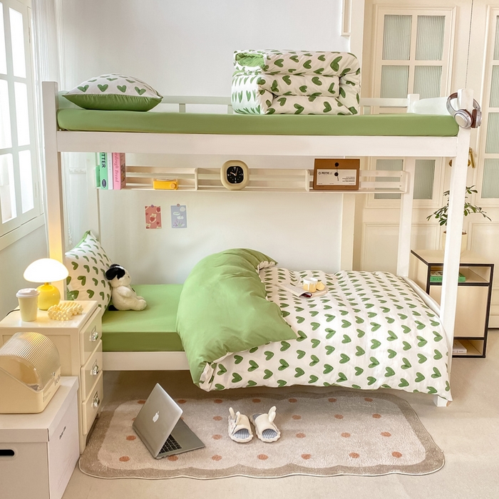 91家纺网 家纺一手货源 找家纺 芷凡家纺 2025新款水洗棉双层纱学生三件套宿舍上下铺三件套 心许