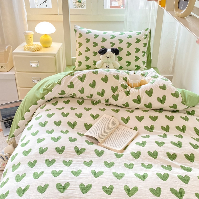 91家纺网 家纺一手货源 找家纺 芷凡家纺 2025新款水洗棉双层纱学生三件套宿舍上下铺三件套 心许