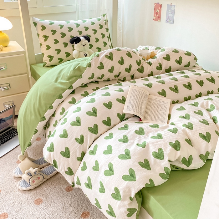 91家纺网 家纺一手货源 找家纺 芷凡家纺 2025新款水洗棉双层纱学生三件套宿舍上下铺三件套 心许